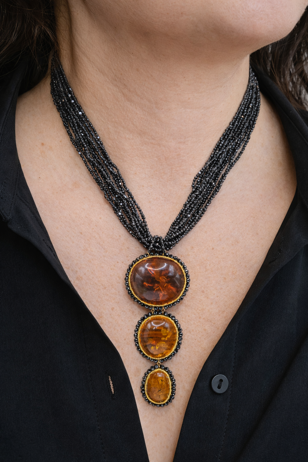 COLLANA ARTIGIANALE AMBRA DEL BALTICO ZIRCONI ONICE ARGENTO 925 (1)