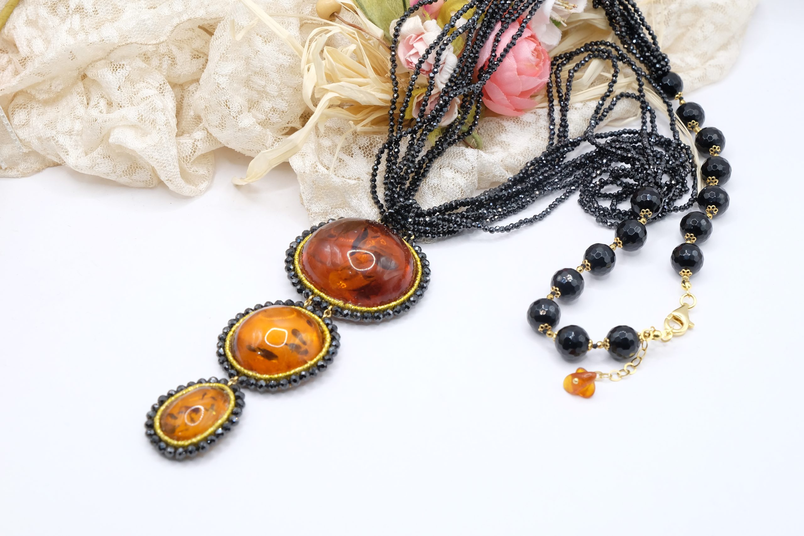 COLLANA ARTIGIANALE AMBRA DEL BALTICO ZIRCONI ONICE ARGENTO 925 (2)