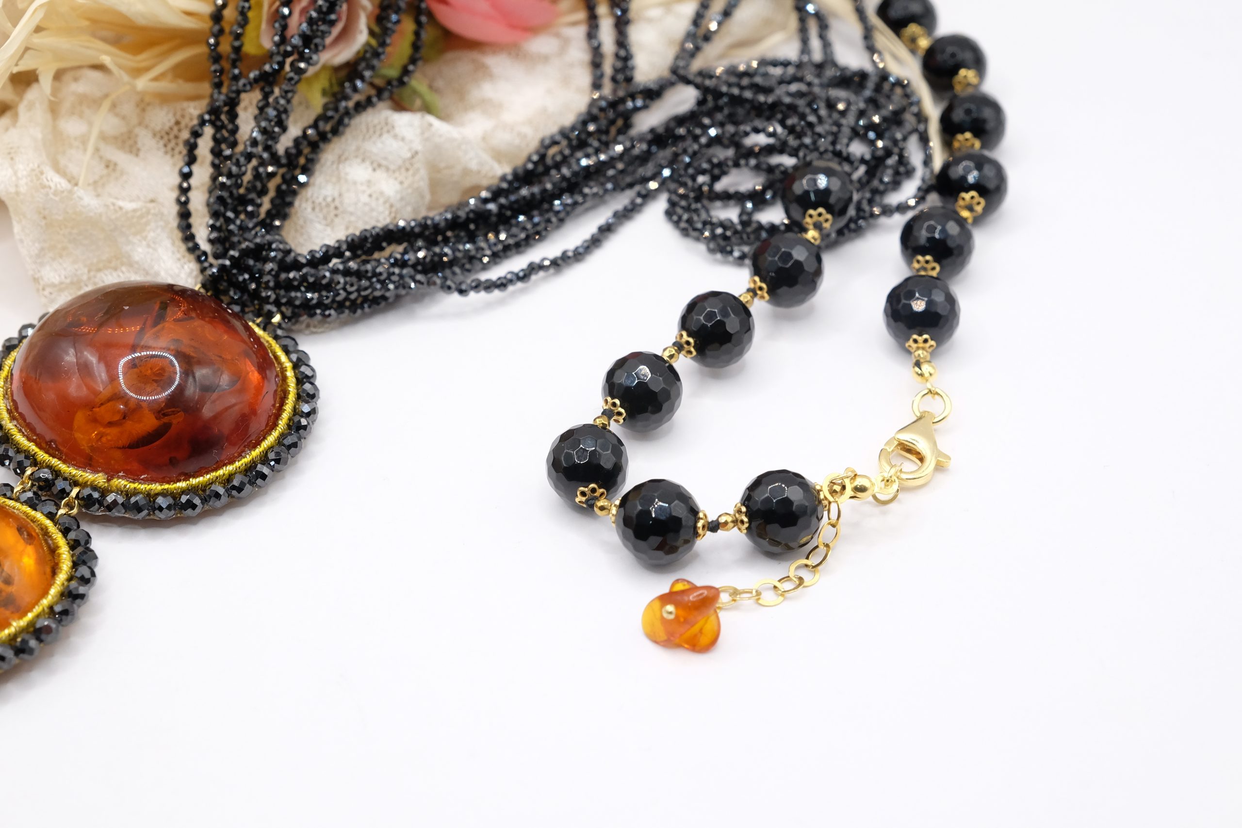 COLLANA ARTIGIANALE AMBRA DEL BALTICO ZIRCONI ONICE ARGENTO 925 (3)