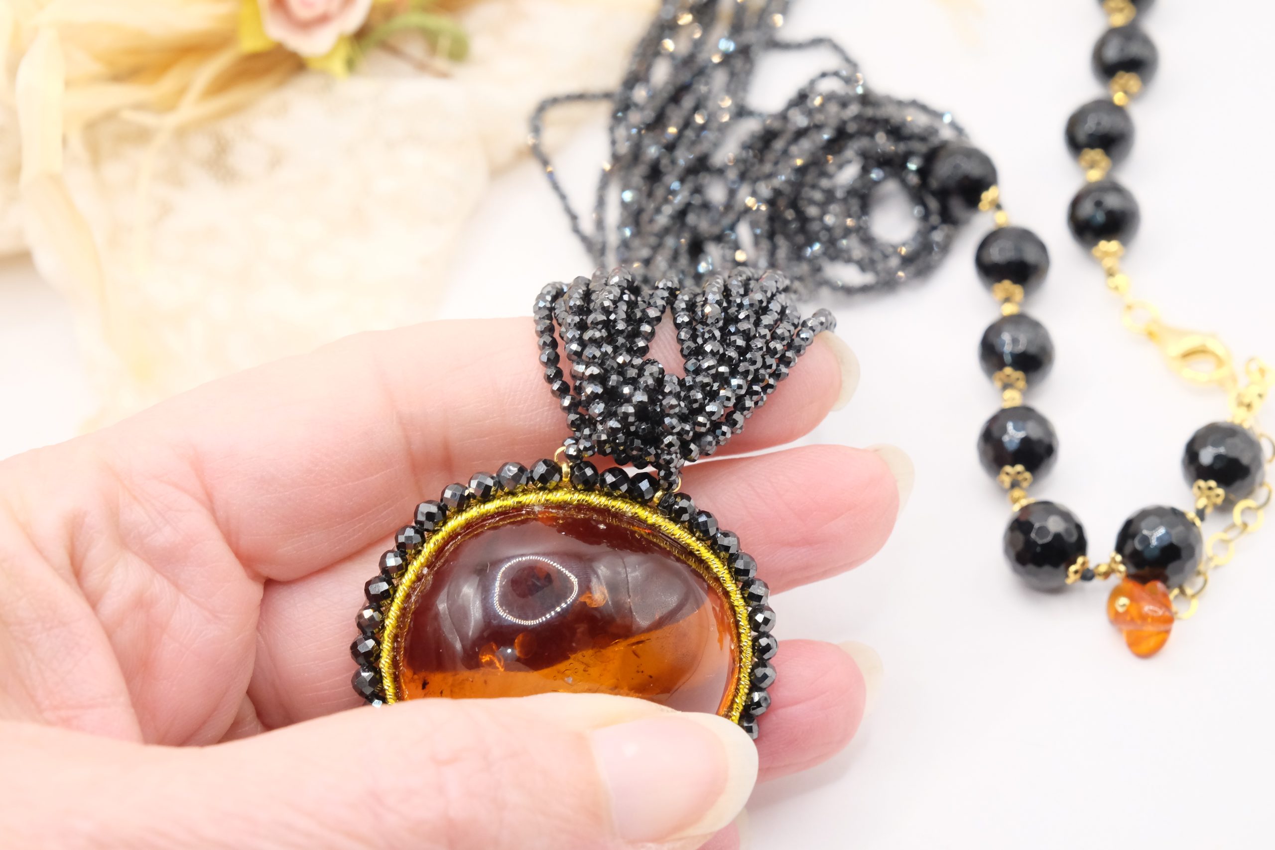 COLLANA ARTIGIANALE AMBRA DEL BALTICO ZIRCONI ONICE ARGENTO 925 (4)