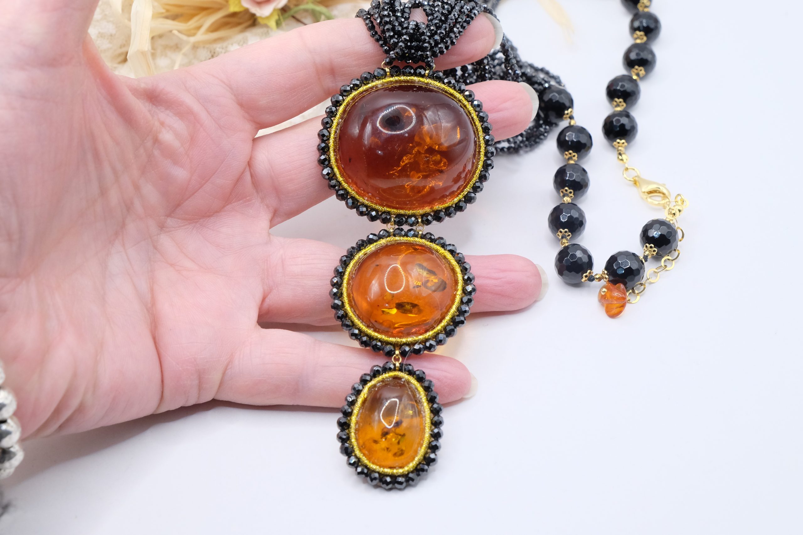 COLLANA ARTIGIANALE AMBRA DEL BALTICO ZIRCONI ONICE ARGENTO 925 (5)