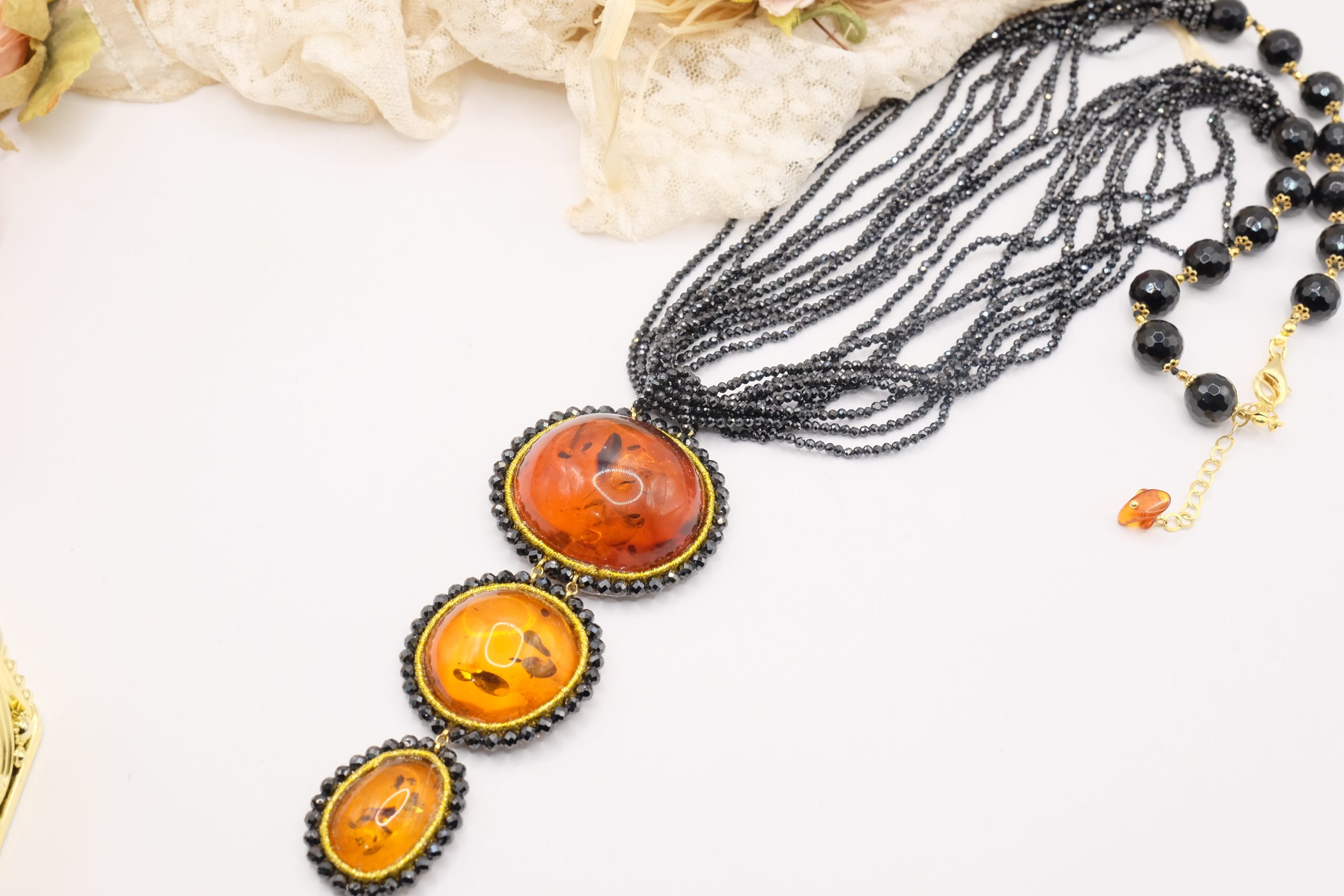 COLLANA ARTIGIANALE AMBRA DEL BALTICO ZIRCONI ONICE ARGENTO 925 (6)