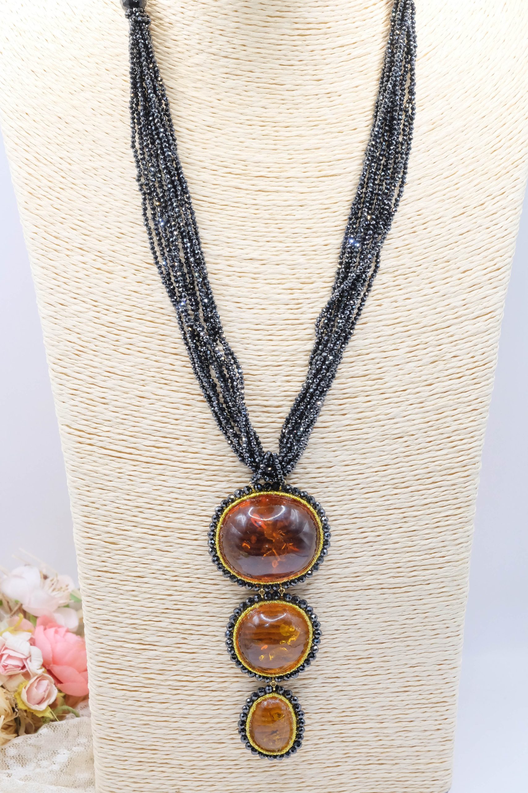 COLLANA ARTIGIANALE AMBRA DEL BALTICO ZIRCONI ONICE ARGENTO 925