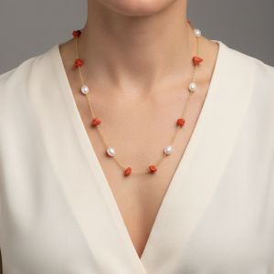 Collana Artigianale Argento 925 Dorato Corallo Perle