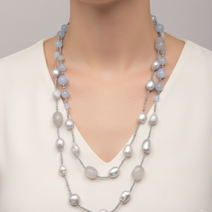 Collana Charleston Chanel Perle Grigie Acquamarina Quarzo Grigio Ematite