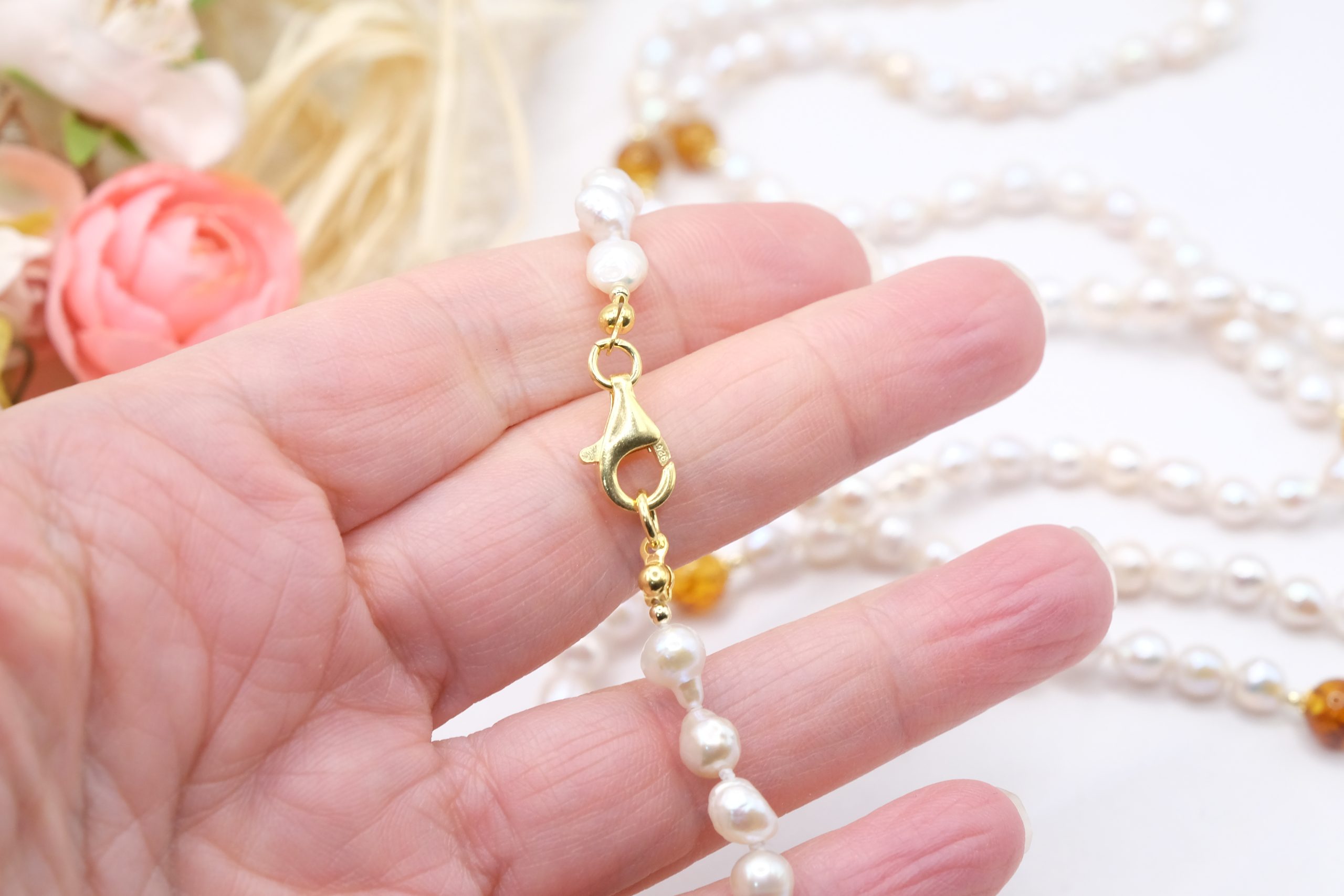 COLLANA ARTIGIANALE CHARLESTON CHANEL PERLE NATURALI E AMBRA (5)