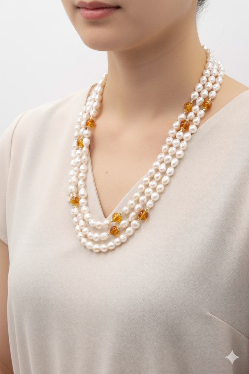 COLLANA ARTIGIANALE CHARLESTON CHANEL PERLE NATURALI E AMBRA