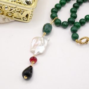 Collana Ciondolo Giada Crisocolla Perla Borgogna Acciaio Argento