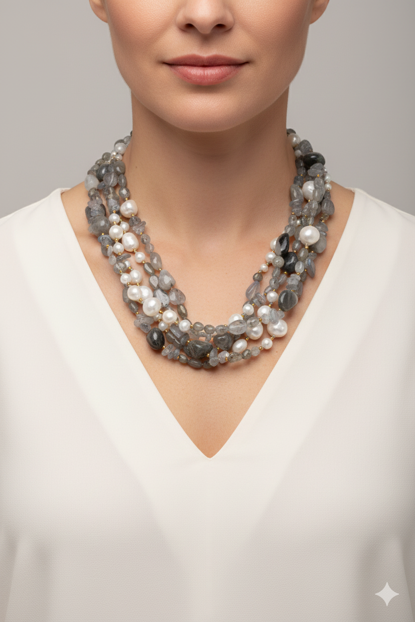 COLLANA ARTIGIANALE MULTIFILO PERLE ARGENTO 925 EMATITE