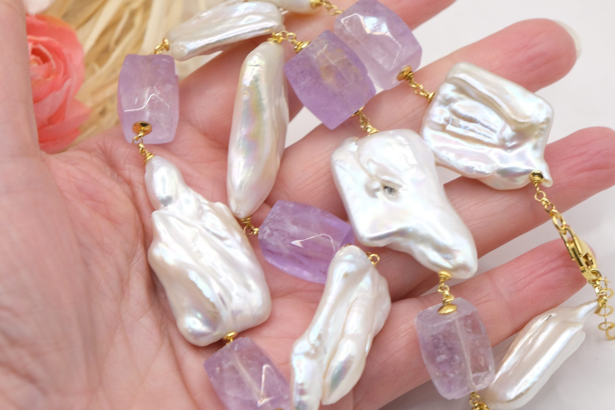 COLLANA ARTIGIANALE PERLE NATURALI QUADRATE E A GOCCIA AMETISTA ARGENTO 925 (2)