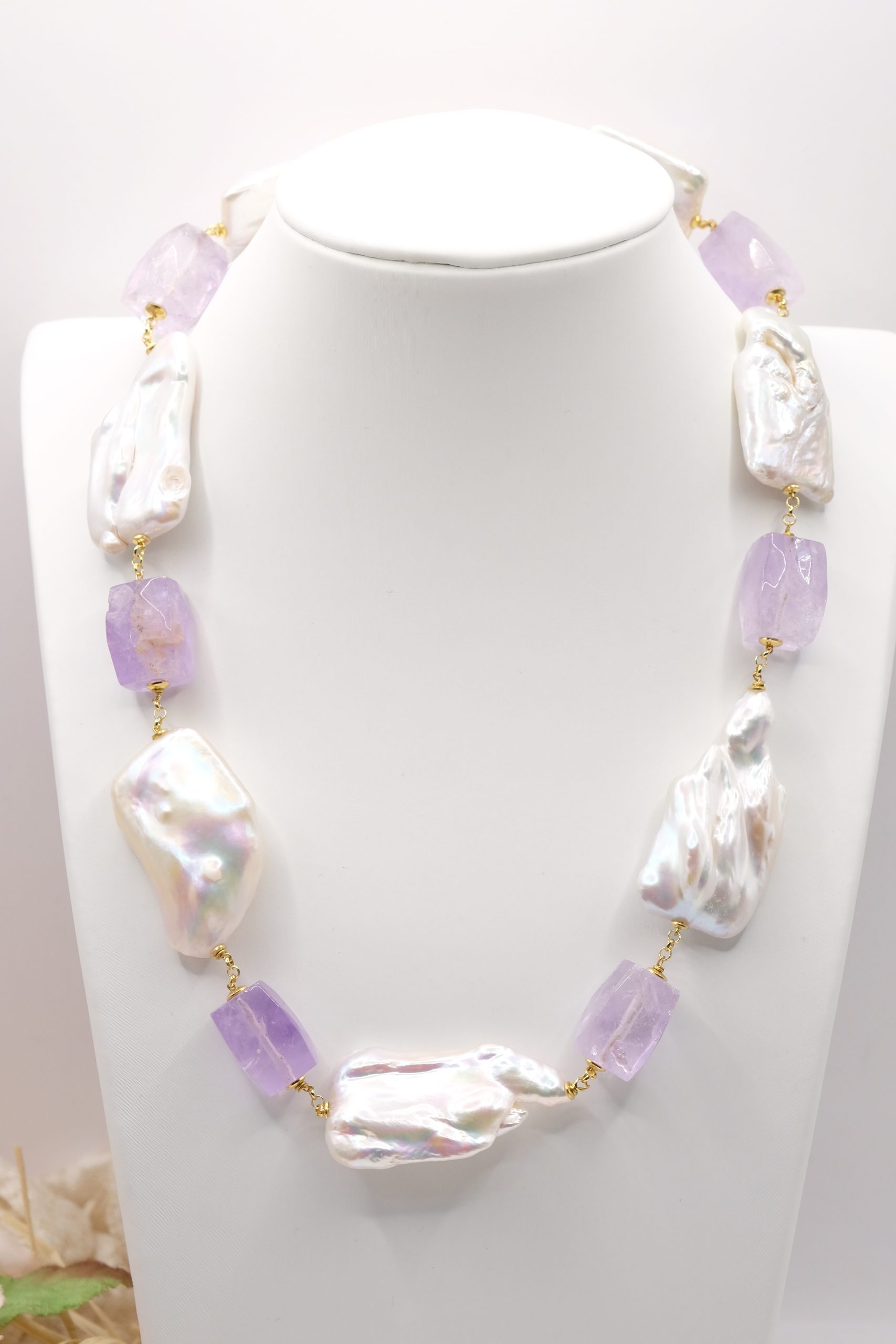 COLLANA ARTIGIANALE PERLE NATURALI QUADRATE E A GOCCIA AMETISTA ARGENTO 925 (3)