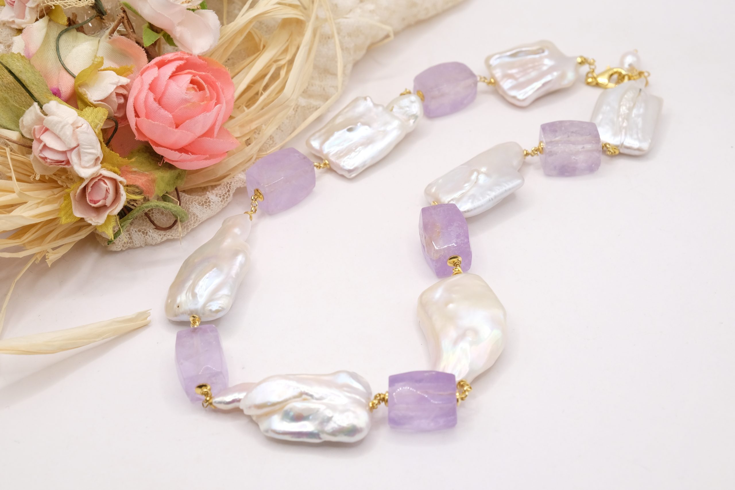 COLLANA ARTIGIANALE PERLE NATURALI QUADRATE E A GOCCIA AMETISTA ARGENTO 925 (4)