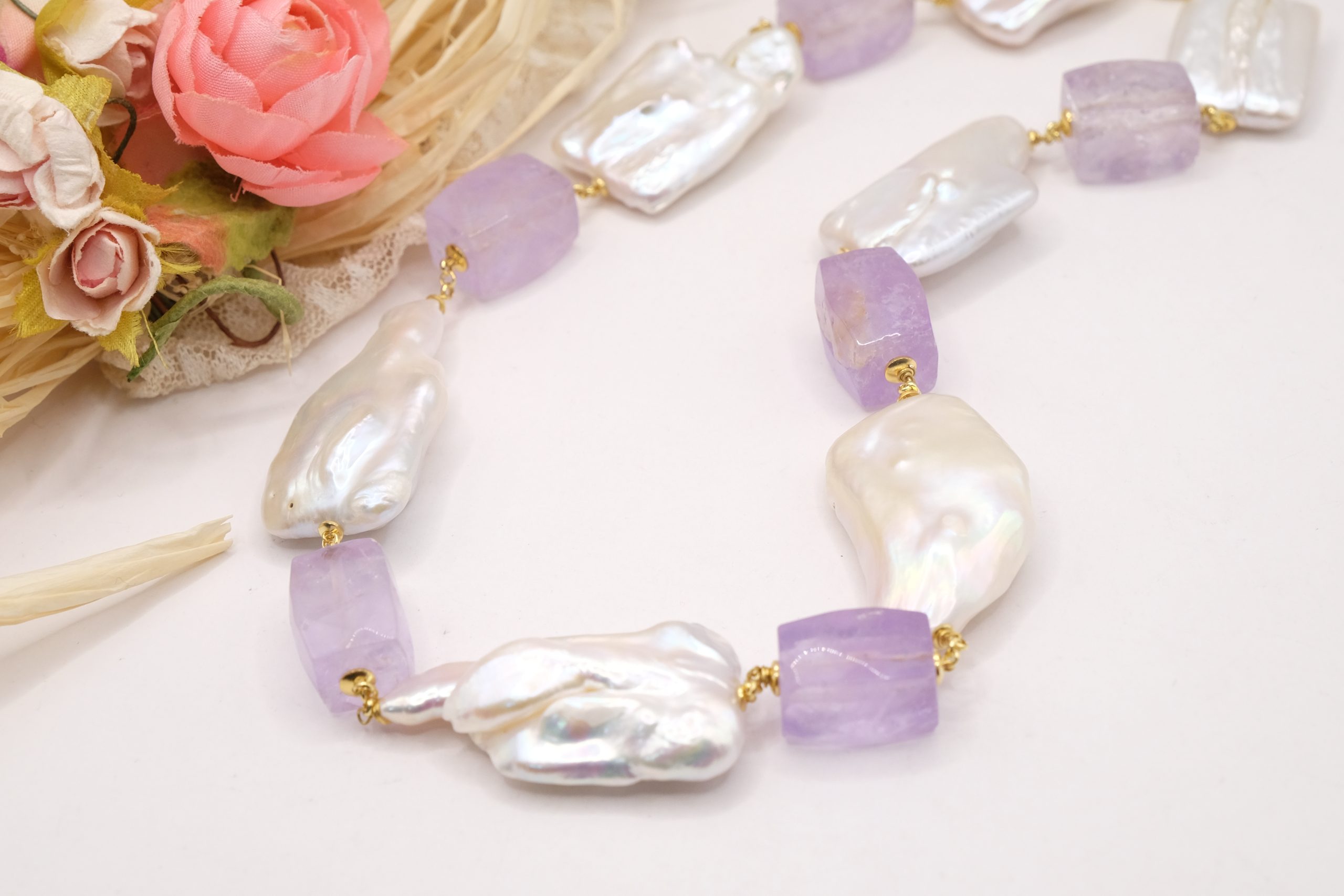 COLLANA ARTIGIANALE PERLE NATURALI QUADRATE E A GOCCIA AMETISTA ARGENTO 925 (5)