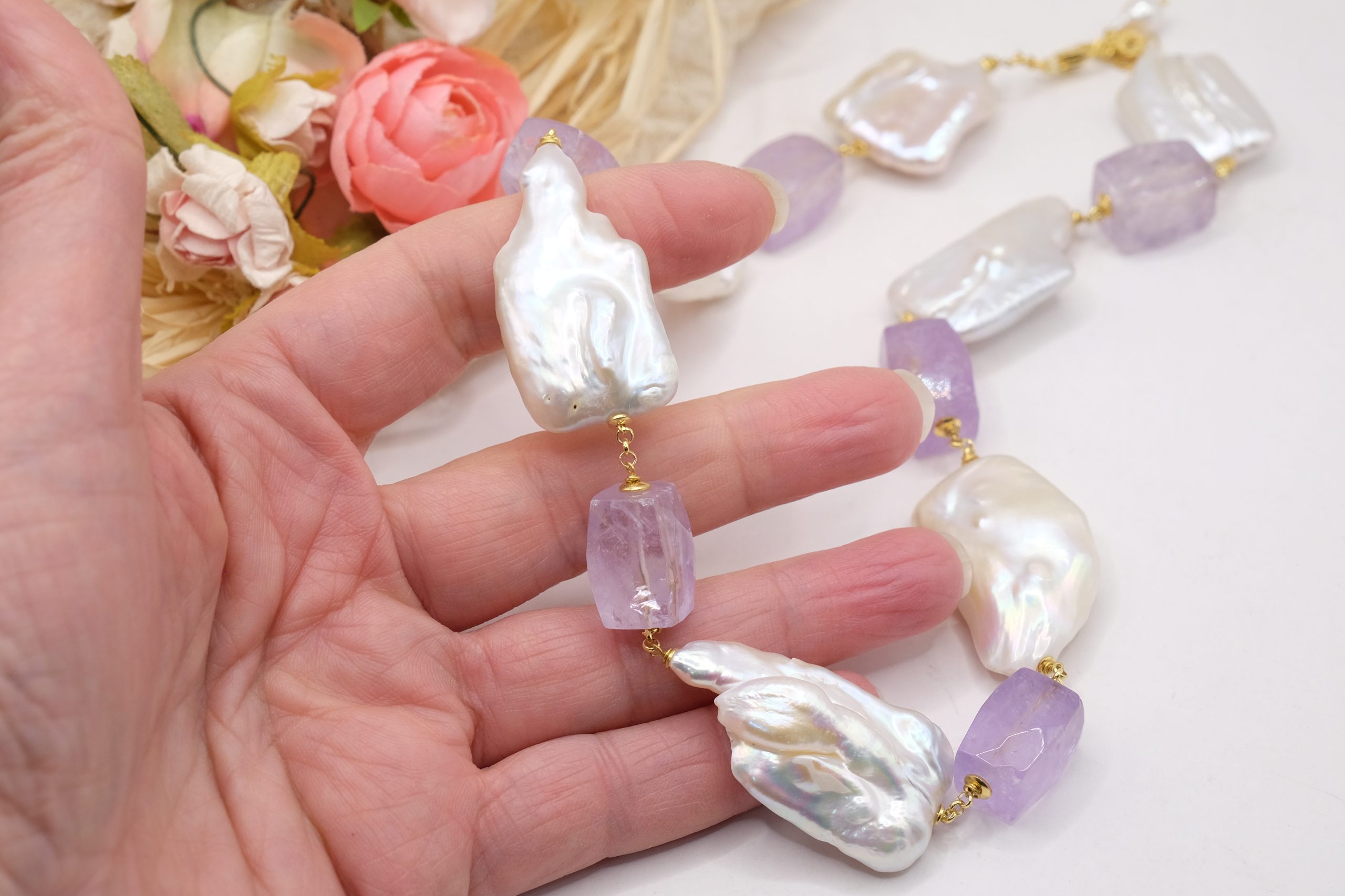 COLLANA ARTIGIANALE PERLE NATURALI QUADRATE E A GOCCIA AMETISTA ARGENTO 925 (6)