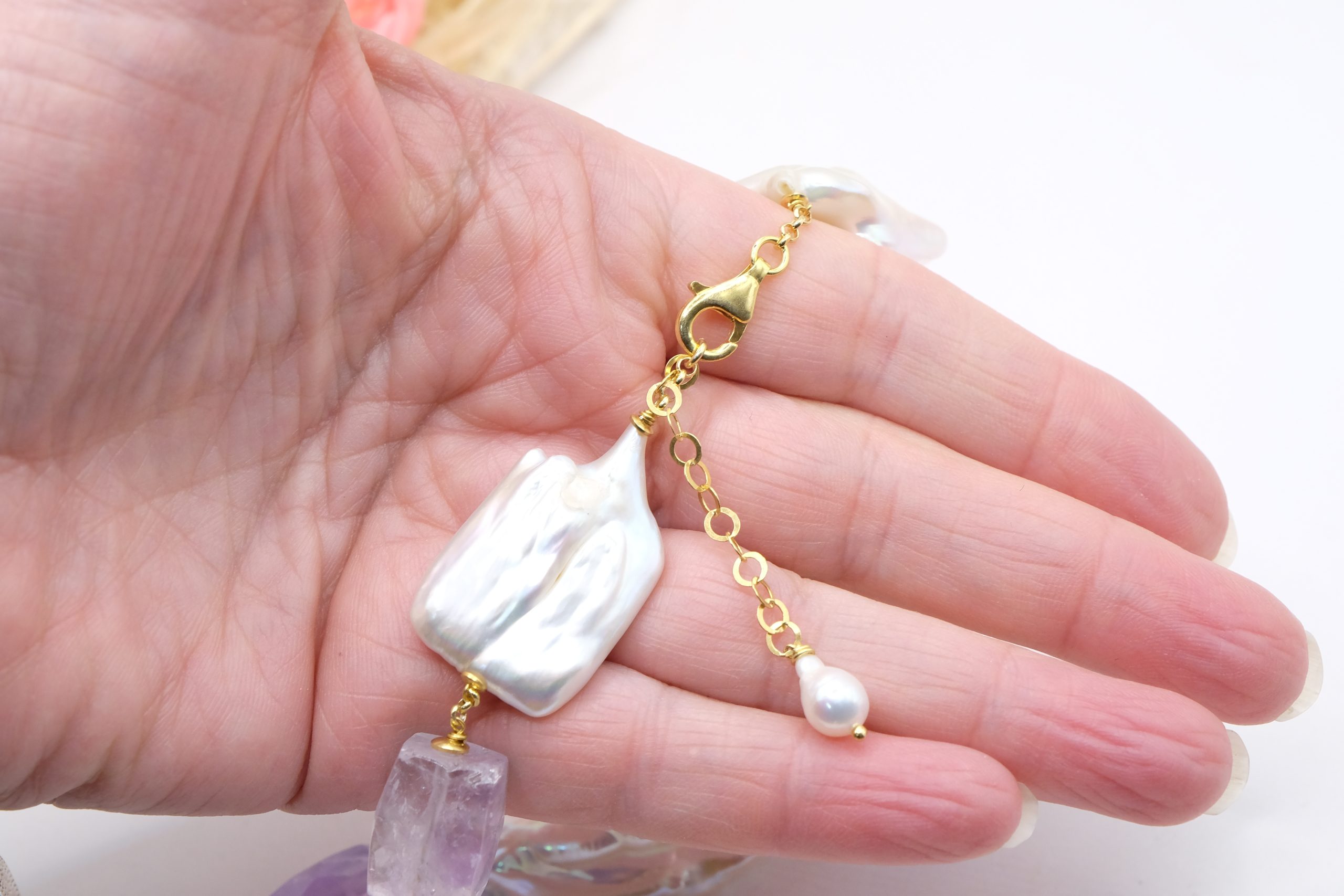 COLLANA ARTIGIANALE PERLE NATURALI QUADRATE E A GOCCIA AMETISTA ARGENTO 925 (7)