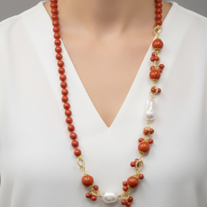 Collana Décolleté Pasta di corallo e Perle Naturali Grappoli