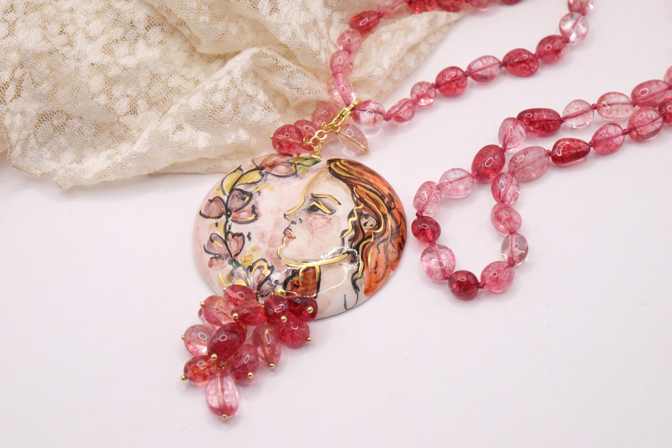 HANDMADE NECKLACE FUCHSIA PINK SICILIAN SILVER PENDANT PLATE (1)