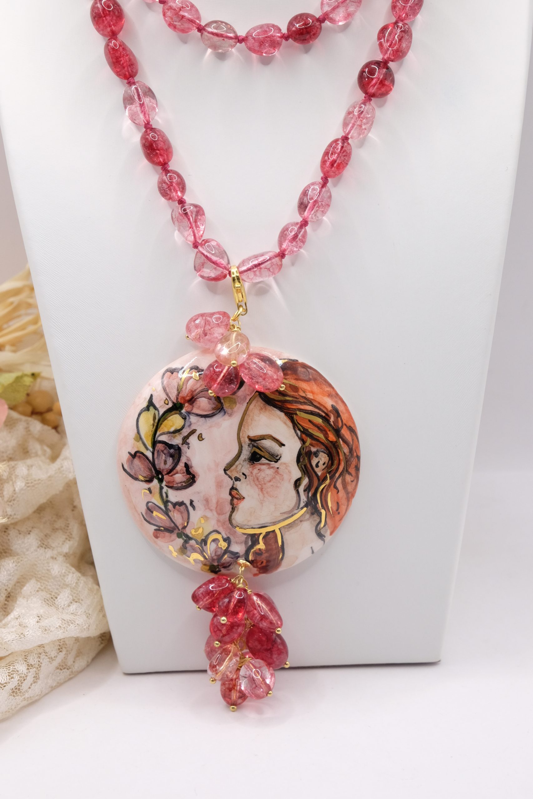 HANDMADE NECKLACE FUCHSIA PINK SICILIAN SILVER PENDANT PLATE (2)