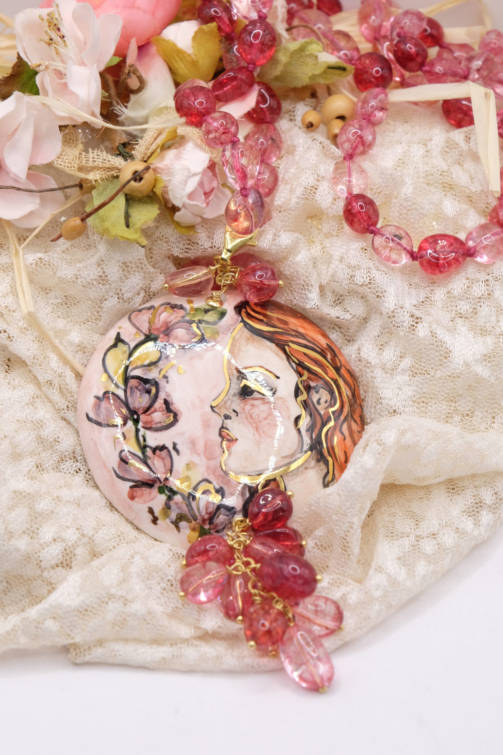 HANDMADE NECKLACE FUCHSIA PINK SICILIAN SILVER PENDANT PLATE (3)