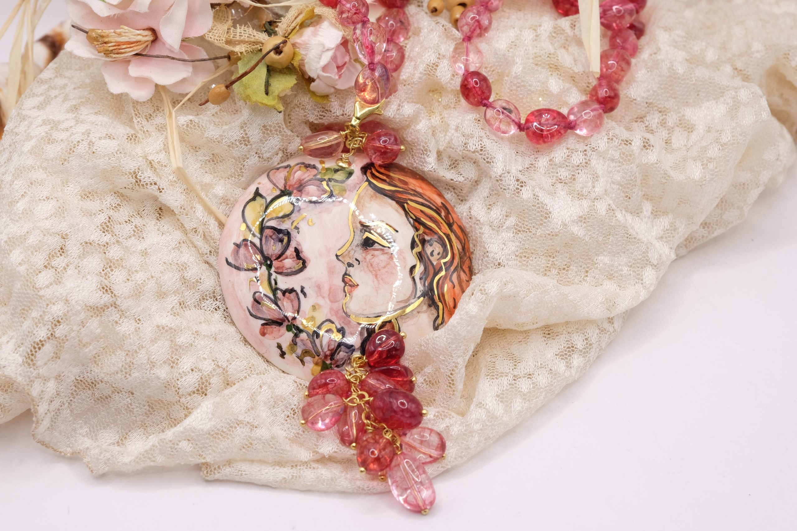 HANDMADE NECKLACE FUCHSIA PINK SICILIAN SILVER PENDANT PLATE (4)