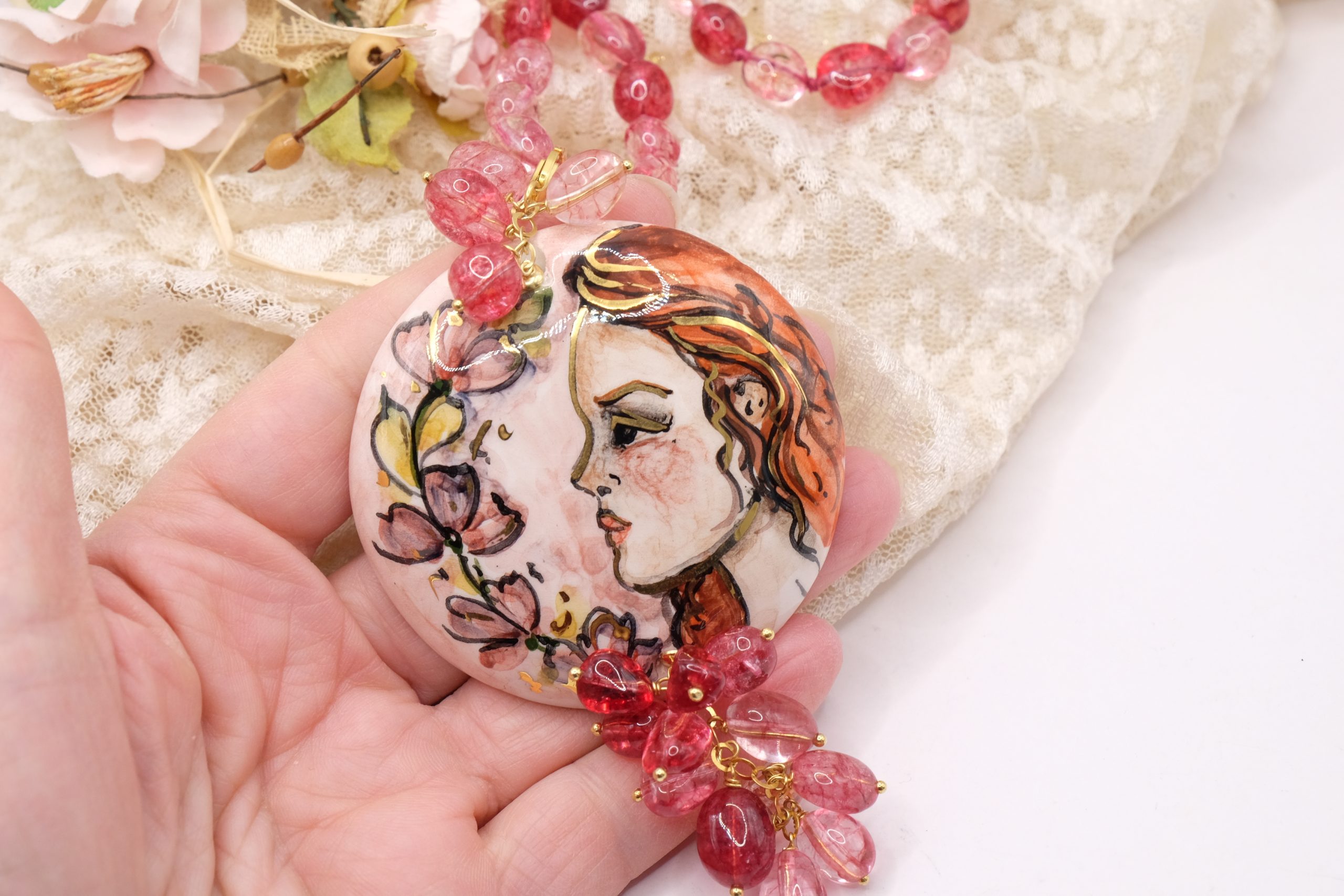 HANDMADE NECKLACE FUCHSIA PINK SICILIAN SILVER PENDANT PLATE (5)