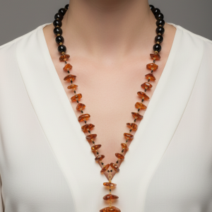 Collana Lariat a Y Onice Ambra del Baltico Perla Argento 925 Ciondolo