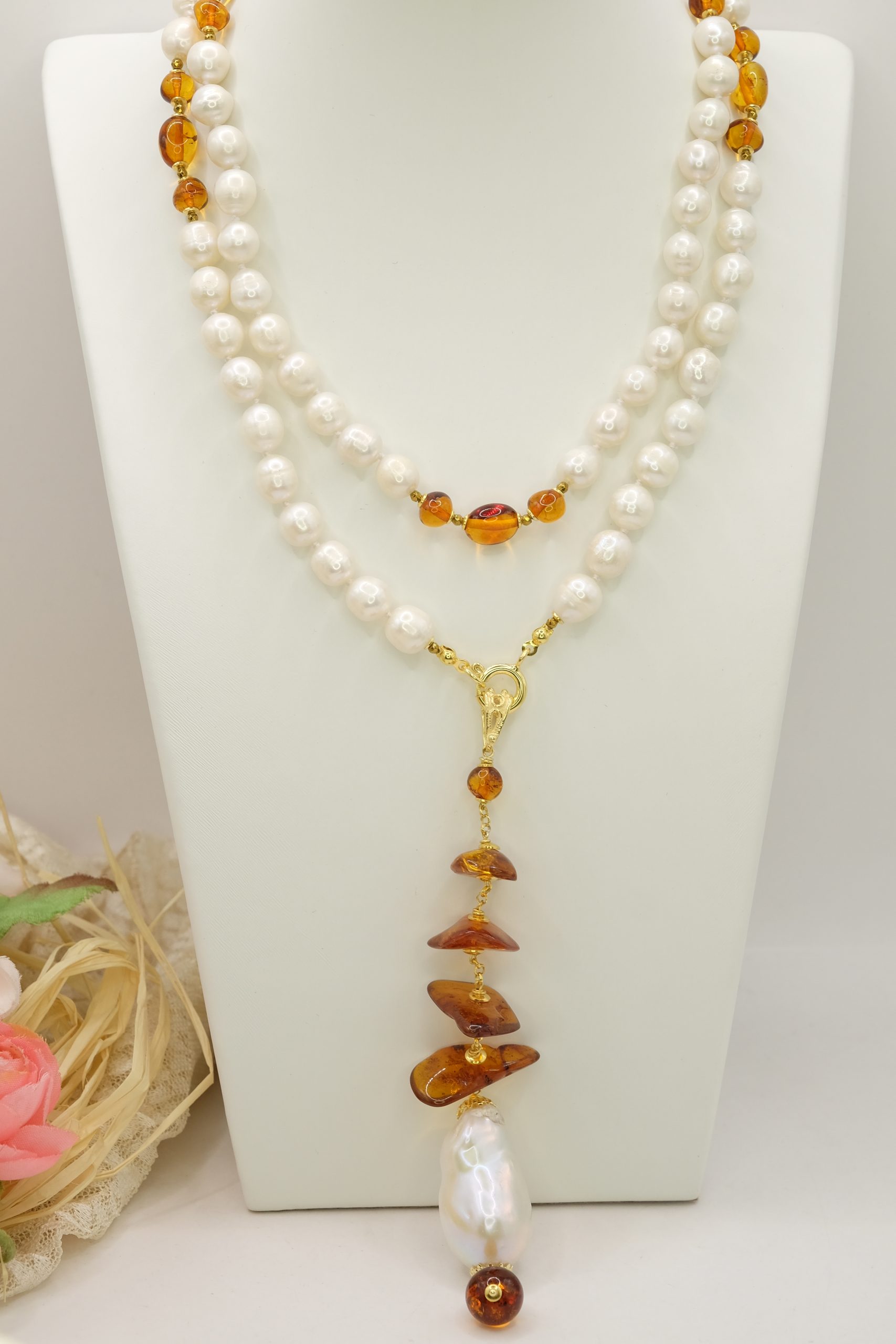 LARIAT AY NECKLACE NATURAL PEARLS AND BALTIC AMBER HEMATITE (2)