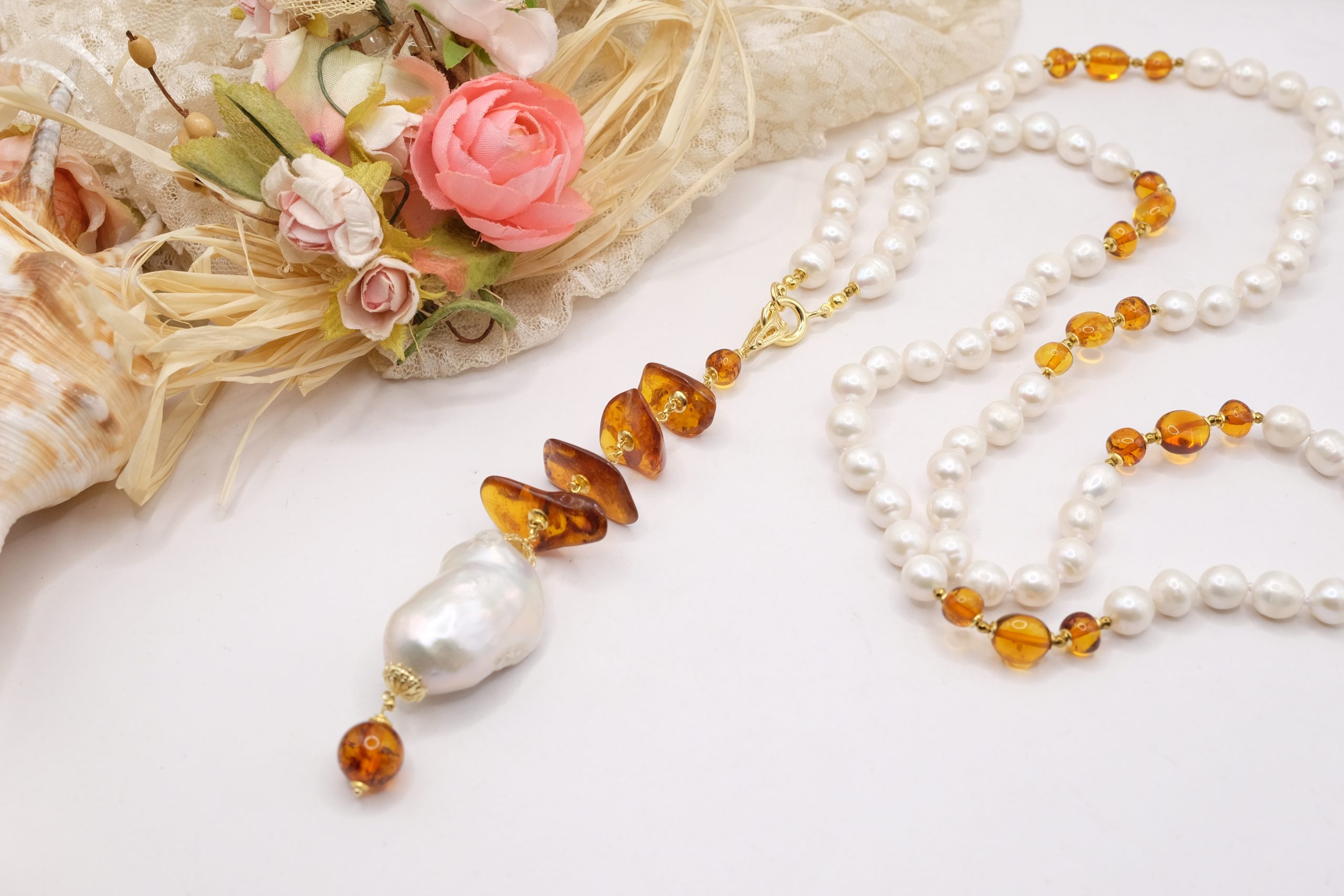 LARIAT AY NECKLACE NATURAL PEARLS AND BALTIC AMBER HEMATITE (3)