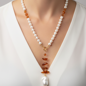 Collana Lariat a Y Perle Ambra del Baltico Perla Grande Argento 925 Ciondolo