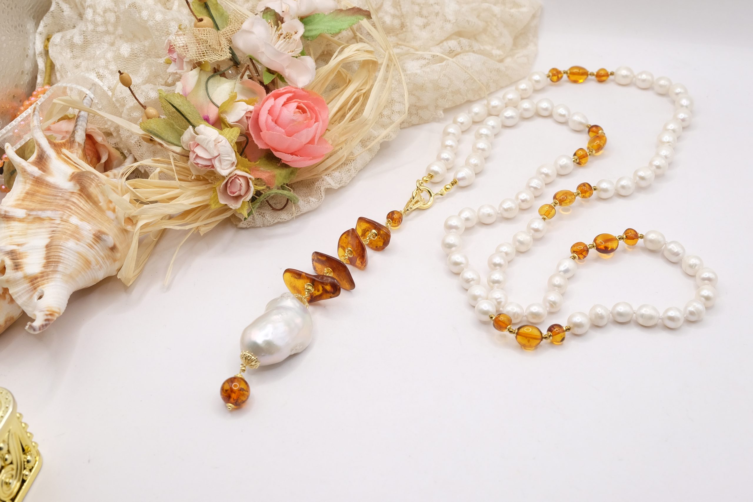LARIAT AY NECKLACE NATURAL PEARLS AND BALTIC AMBER HEMATITE (4)