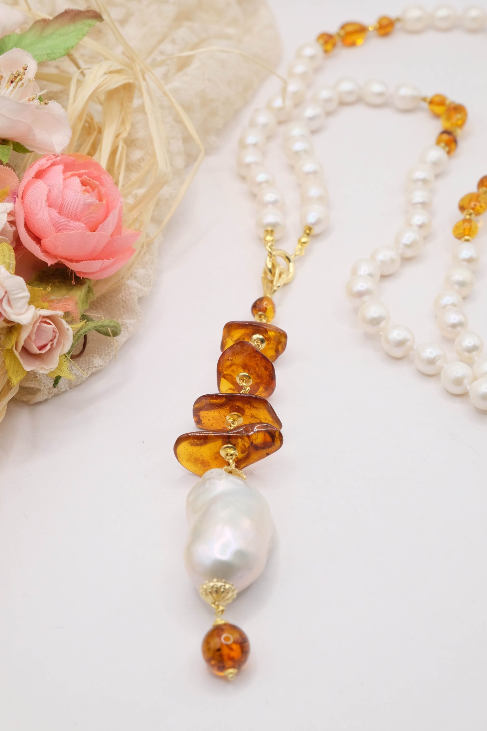 LARIAT AY NECKLACE NATURAL PEARLS AND BALTIC AMBER HEMATITE (5)