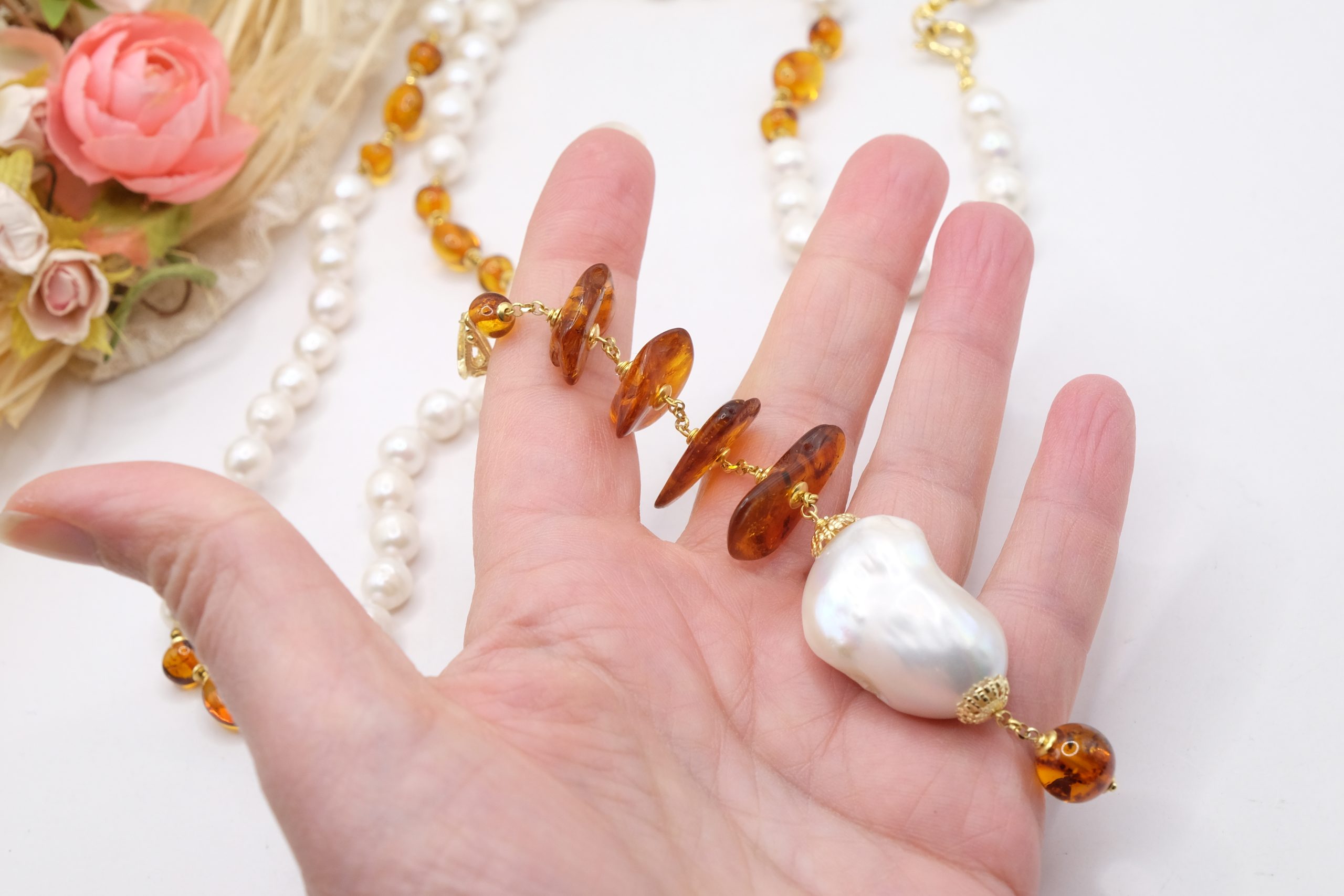 LARIAT AY NECKLACE NATURAL PEARLS AND BALTIC AMBER HEMATITE (8)