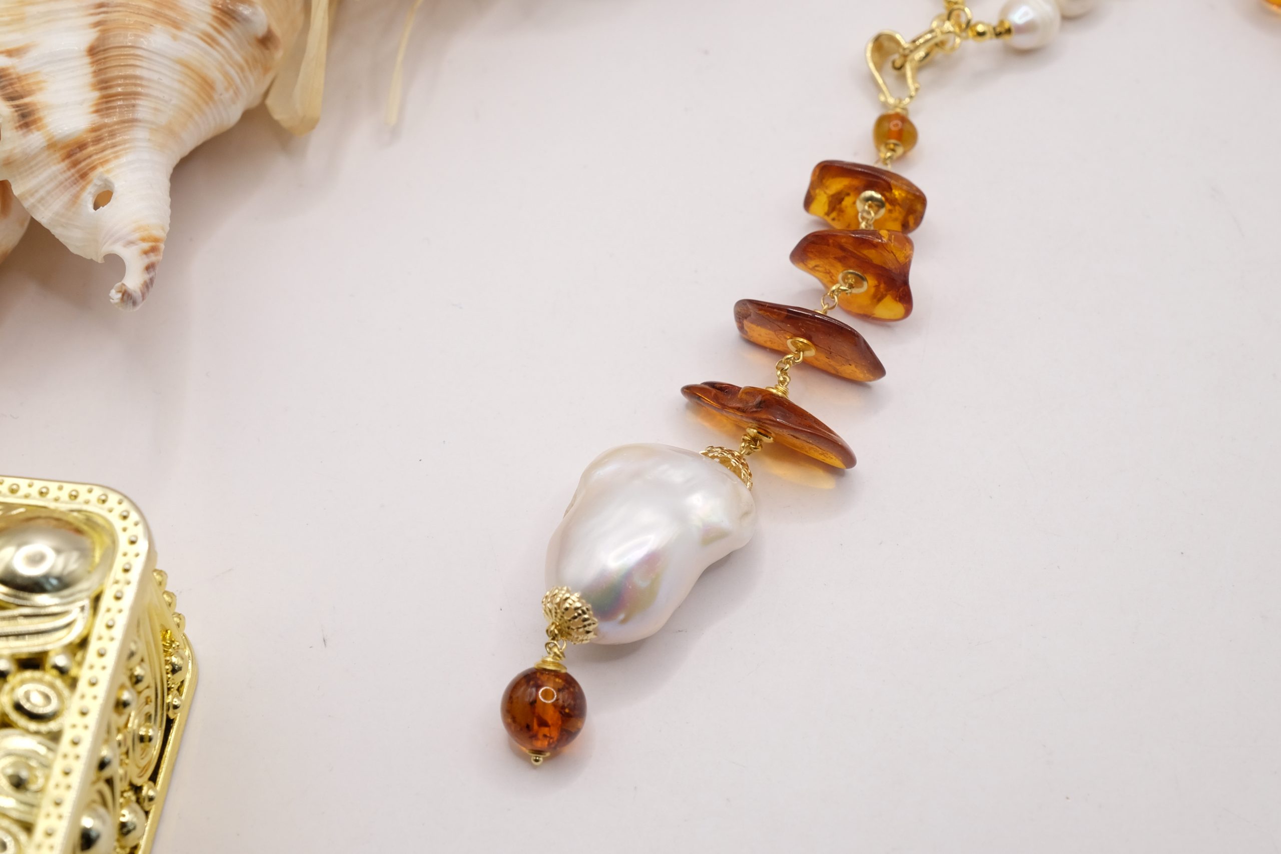 LARIAT AY NECKLACE NATURAL PEARLS AND BALTIC AMBER HEMATITE (9)