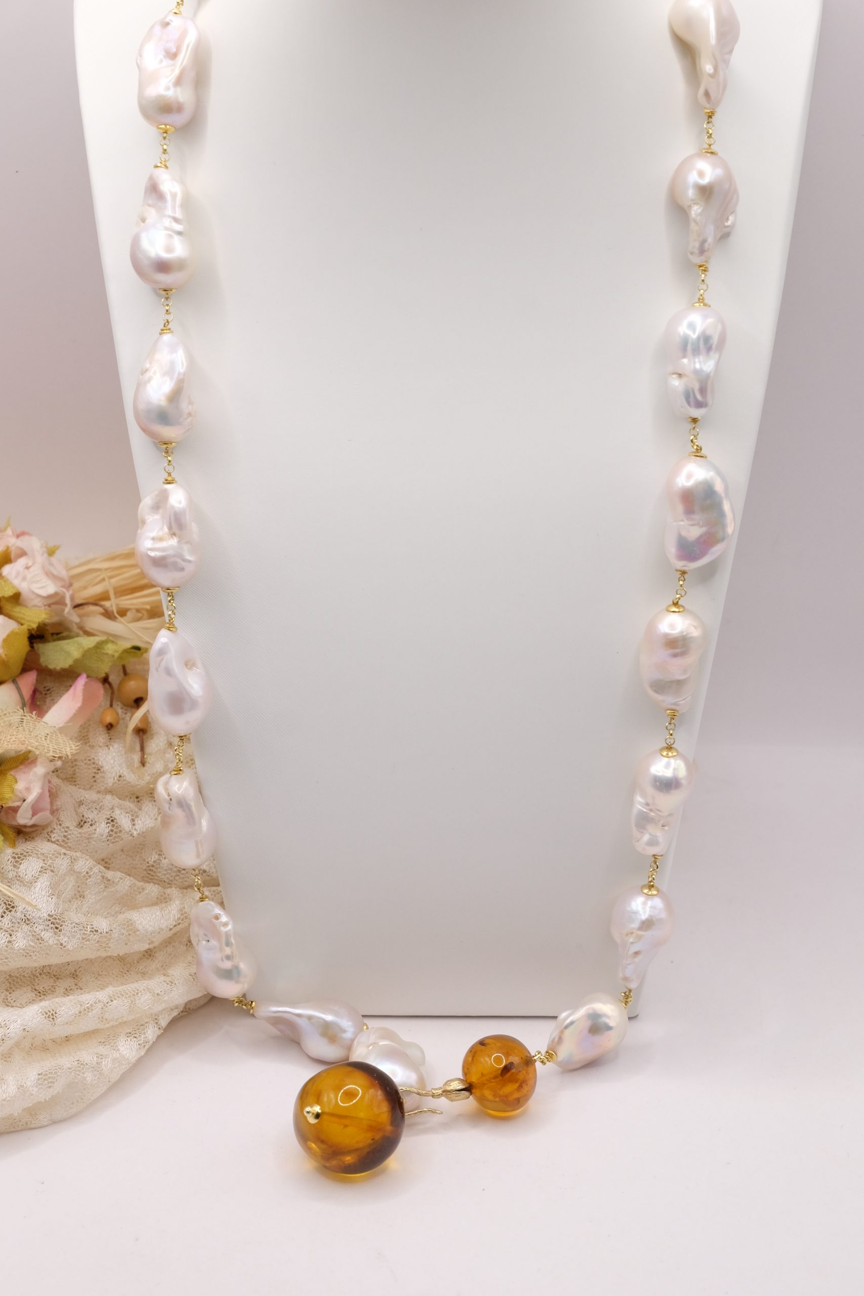 COLLANA LARIAT PERLE BAROCCHE NATURALI ARGENTO 925 PLACCATO ORO AMBRA DEL BALTICO (1)