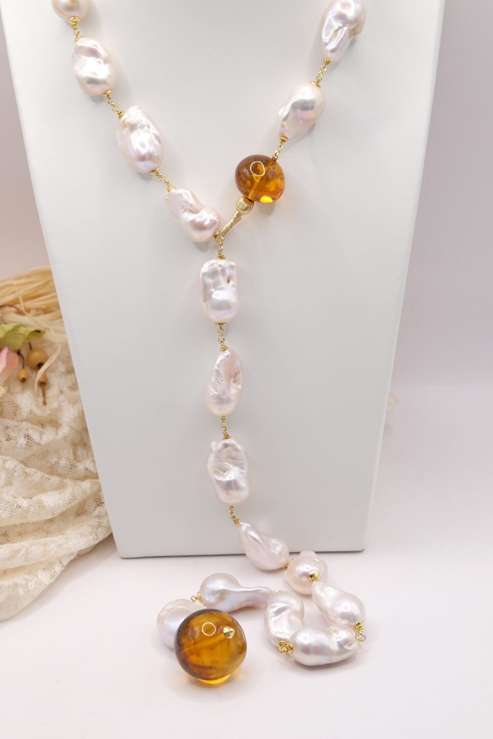 COLLANA LARIAT PERLE BAROCCHE NATURALI ARGENTO 925 PLACCATO ORO AMBRA DEL BALTICO (2)