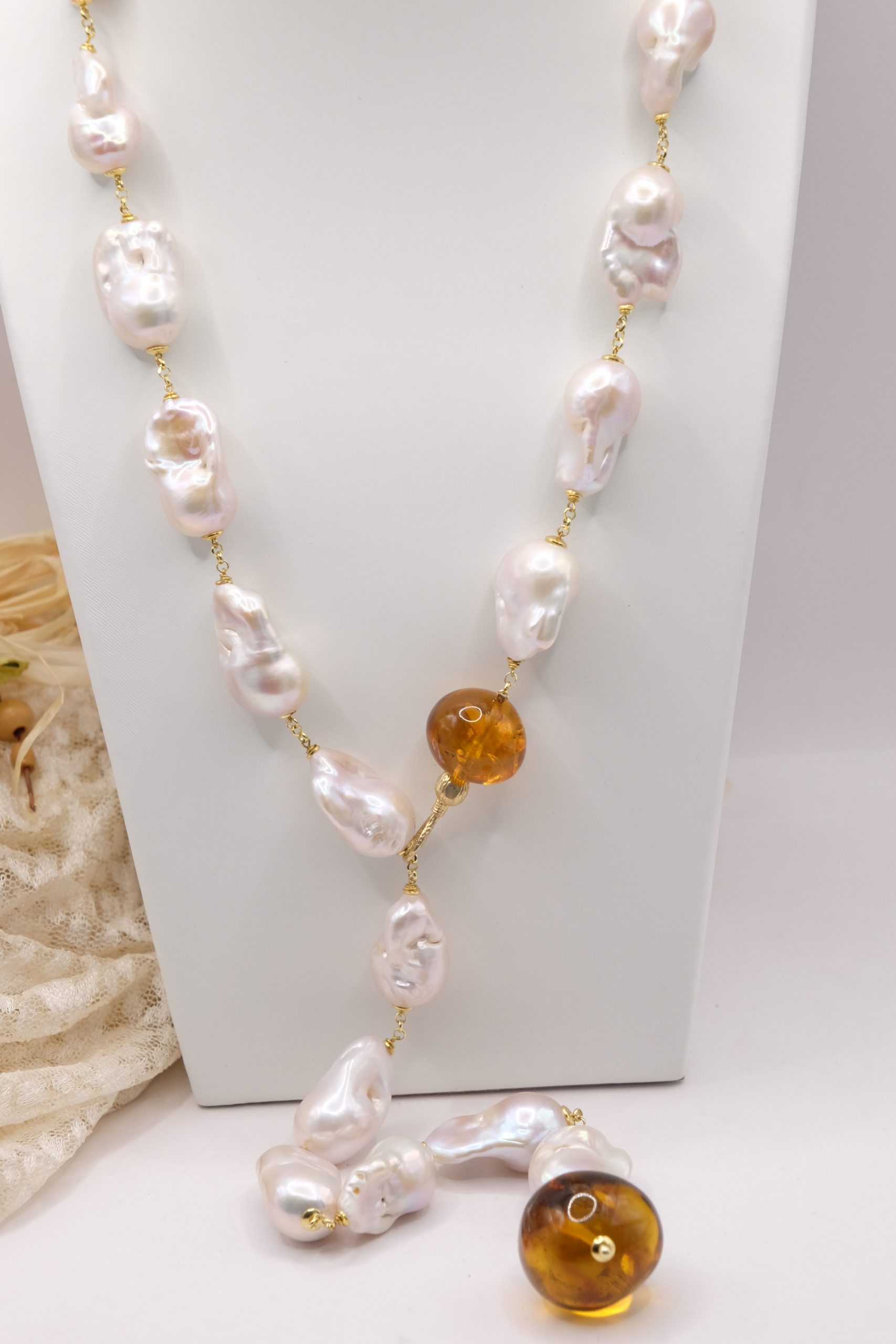 COLLANA LARIAT PERLE BAROCCHE NATURALI ARGENTO 925 PLACCATO ORO AMBRA DEL BALTICO (3)