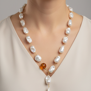 Collana Lariat a Y Perle Naturali Barocche Ambra Argento 925