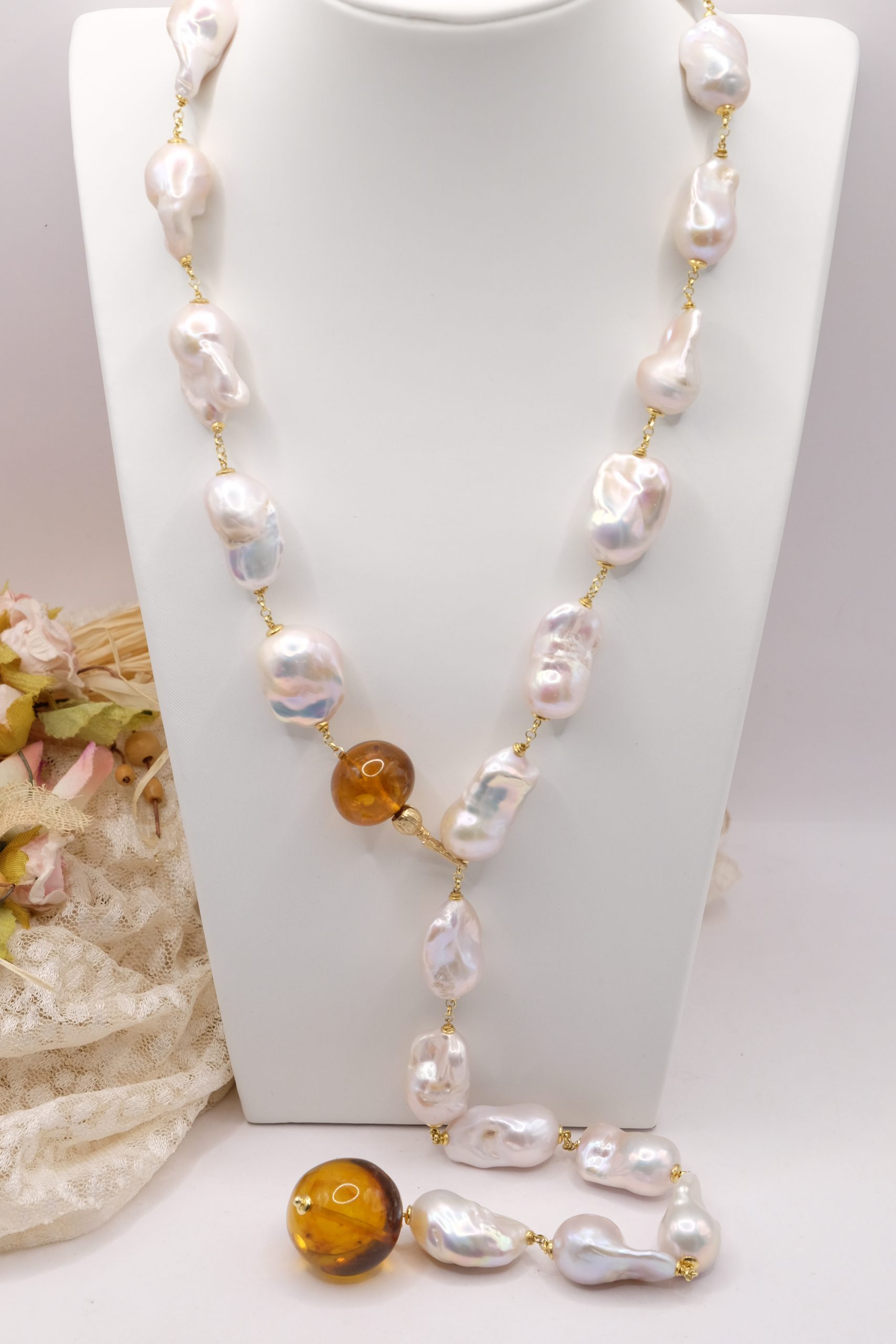 COLLANA LARIAT PERLE BAROCCHE NATURALI ARGENTO 925 PLACCATO ORO AMBRA DEL BALTICO (4)