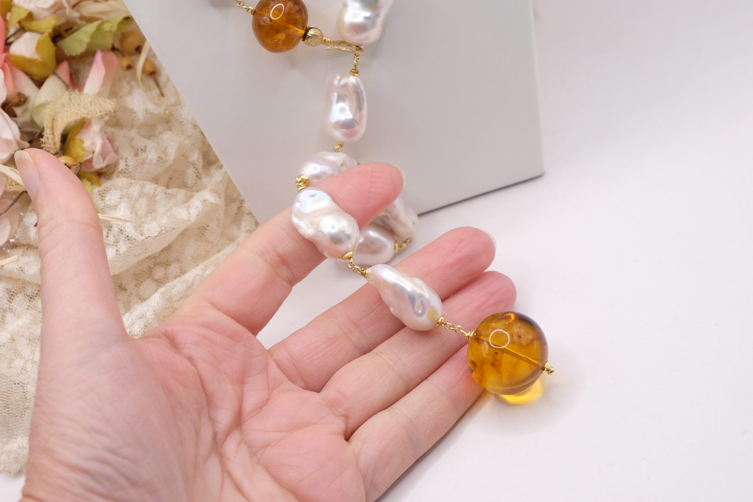 COLLANA LARIAT PERLE BAROCCHE NATURALI ARGENTO 925 PLACCATO ORO AMBRA DEL BALTICO (5)
