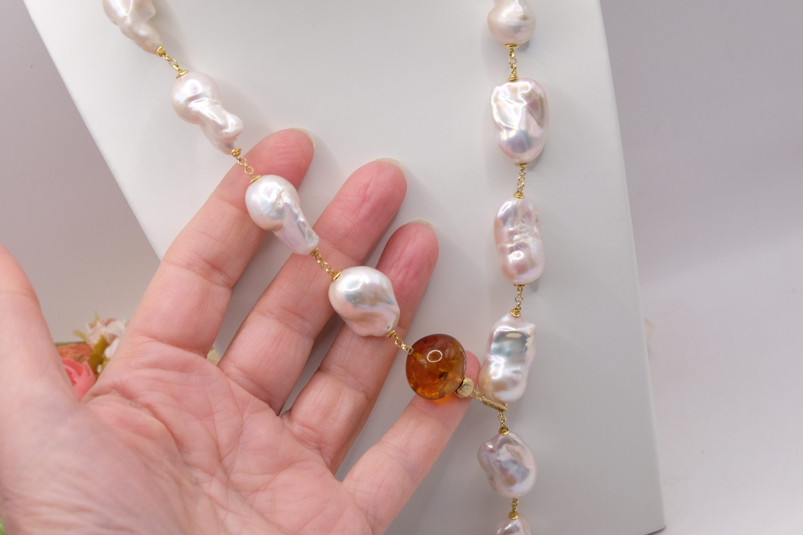 COLLANA LARIAT PERLE BAROCCHE NATURALI ARGENTO 925 PLACCATO ORO AMBRA DEL BALTICO (6)
