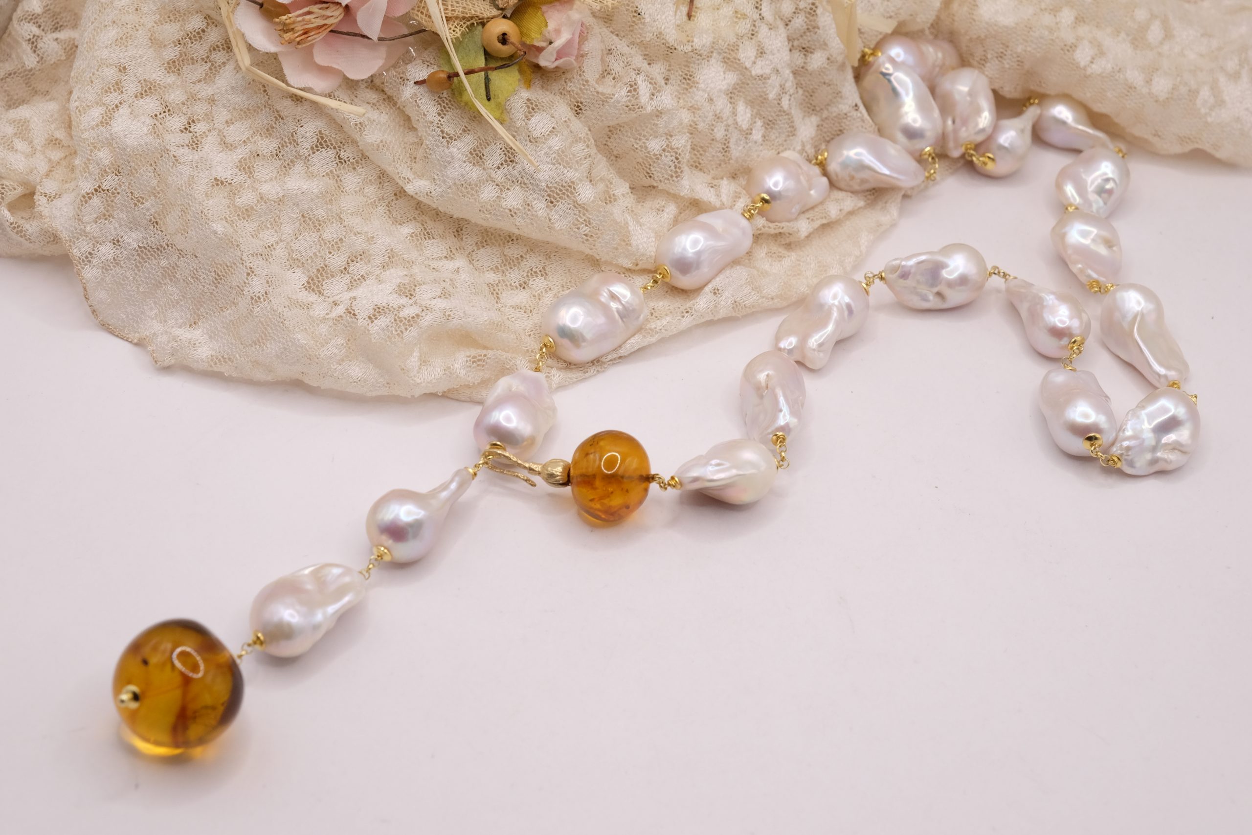 COLLANA LARIAT PERLE BAROCCHE NATURALI ARGENTO 925 PLACCATO ORO AMBRA DEL BALTICO (7)