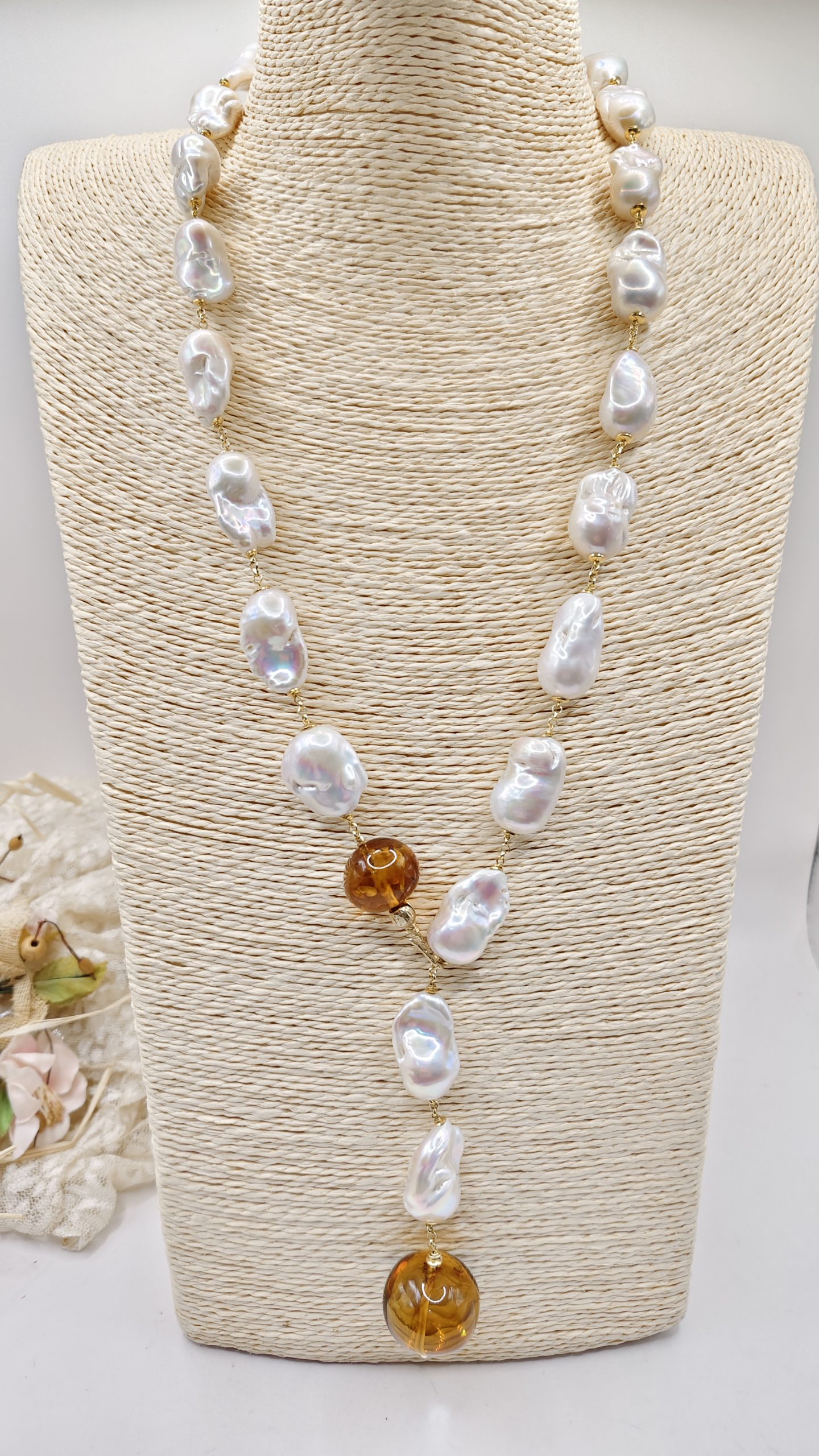 COLLANA LARIAT PERLE BAROCCHE NATURALI ARGENTO 925 PLACCATO ORO AMBRA DEL BALTICO