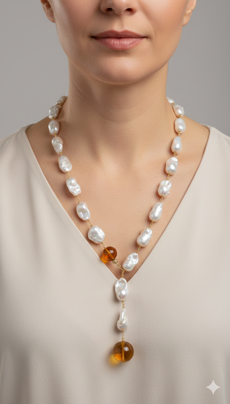 COLLANA LARIAT PERLE BAROCCHE NATURALI ARGENTO 925 PLACCATO ORO AMBRA DEL BALTICO
