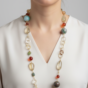 Collana Lunga Ambra Citrino Crisocolla Corno Argento 925