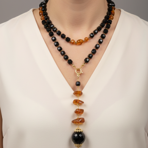Collana Lunga e Ciondolo Onice Sfaccettato Ambra del Baltico Argento