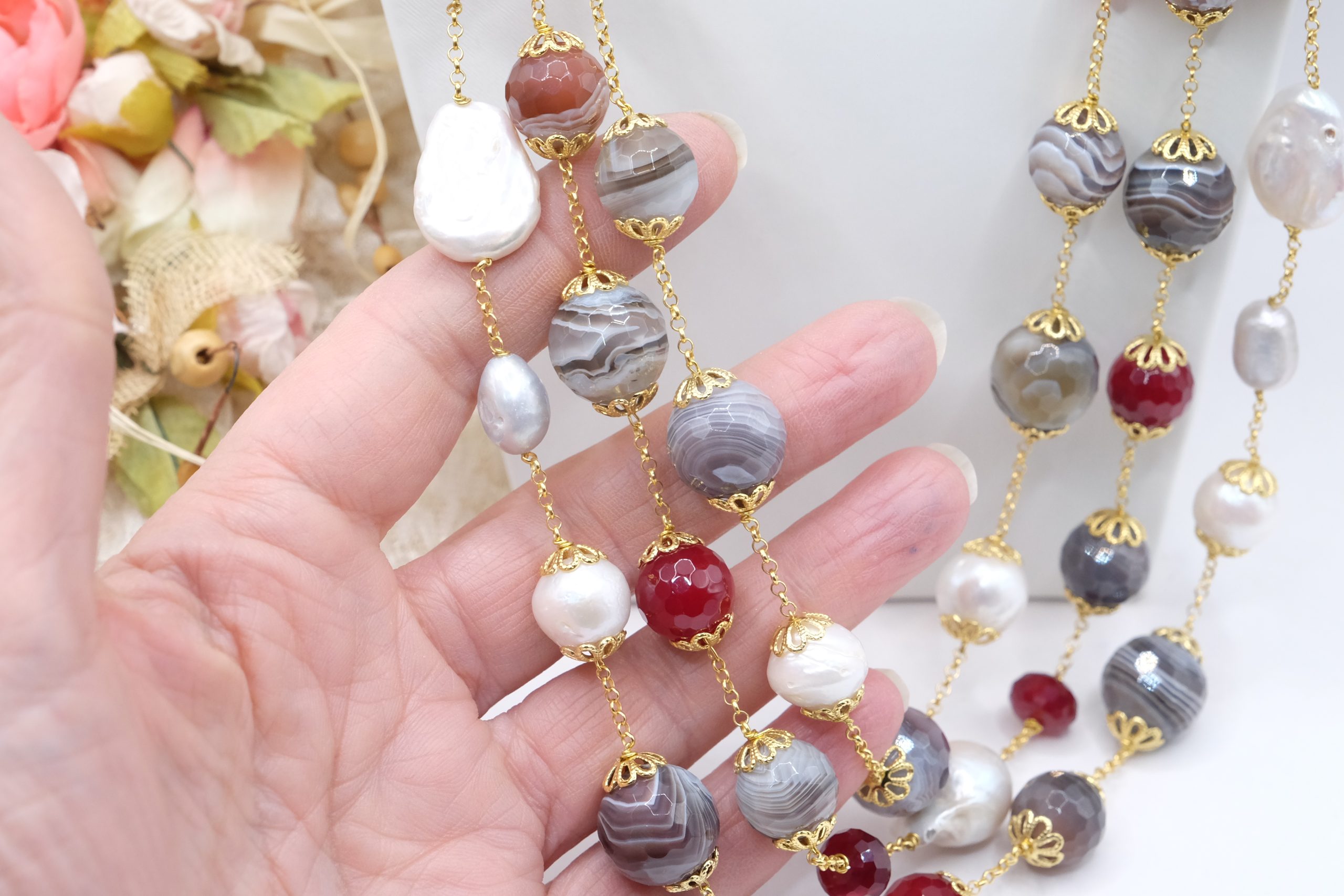 COLLANA MULTIFILO AGATA BOTSWANA GIADA BORGOGNA PERLE ARGENTO 925 DORATO EMATITE (3)