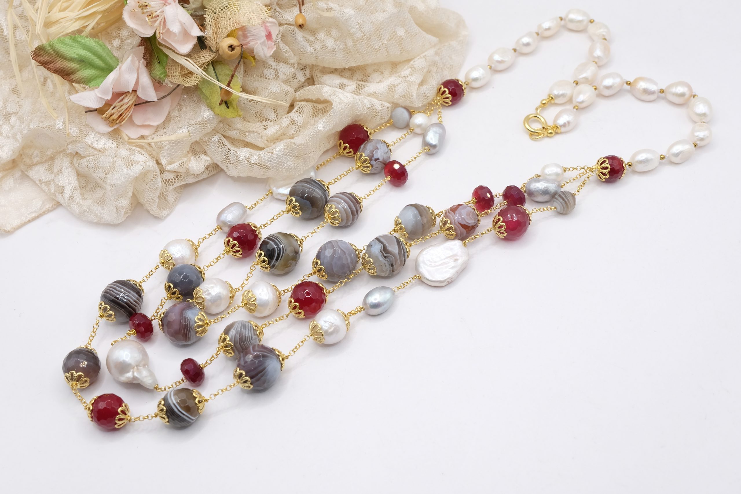 COLLANA MULTIFILO AGATA BOTSWANA GIADA BORGOGNA PERLE ARGENTO 925 DORATO EMATITE (5)