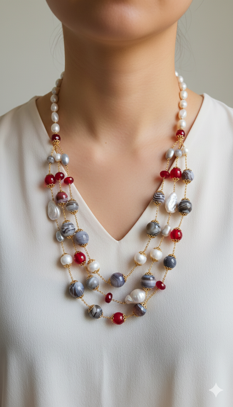 COLLANA MULTIFILO AGATA BOTSWANA GIADA BORGOGNA PERLE ARGENTO 925 DORATO EMATITE