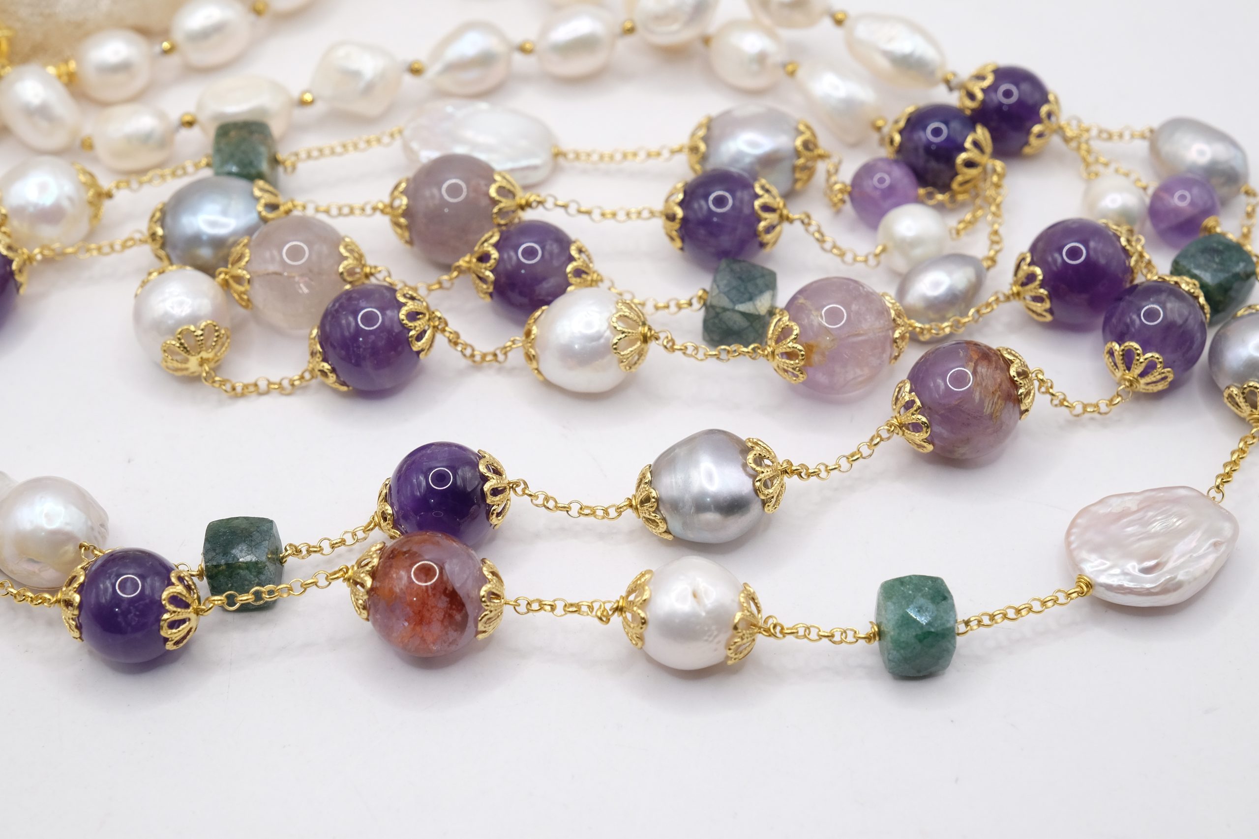 COLLANA MULTIFILO AMETISTA FLUORITE TORMALINE VERDI PERLE GRIGIE E BIANCHE ARGENTO 925 DORATO EMATITE (2)