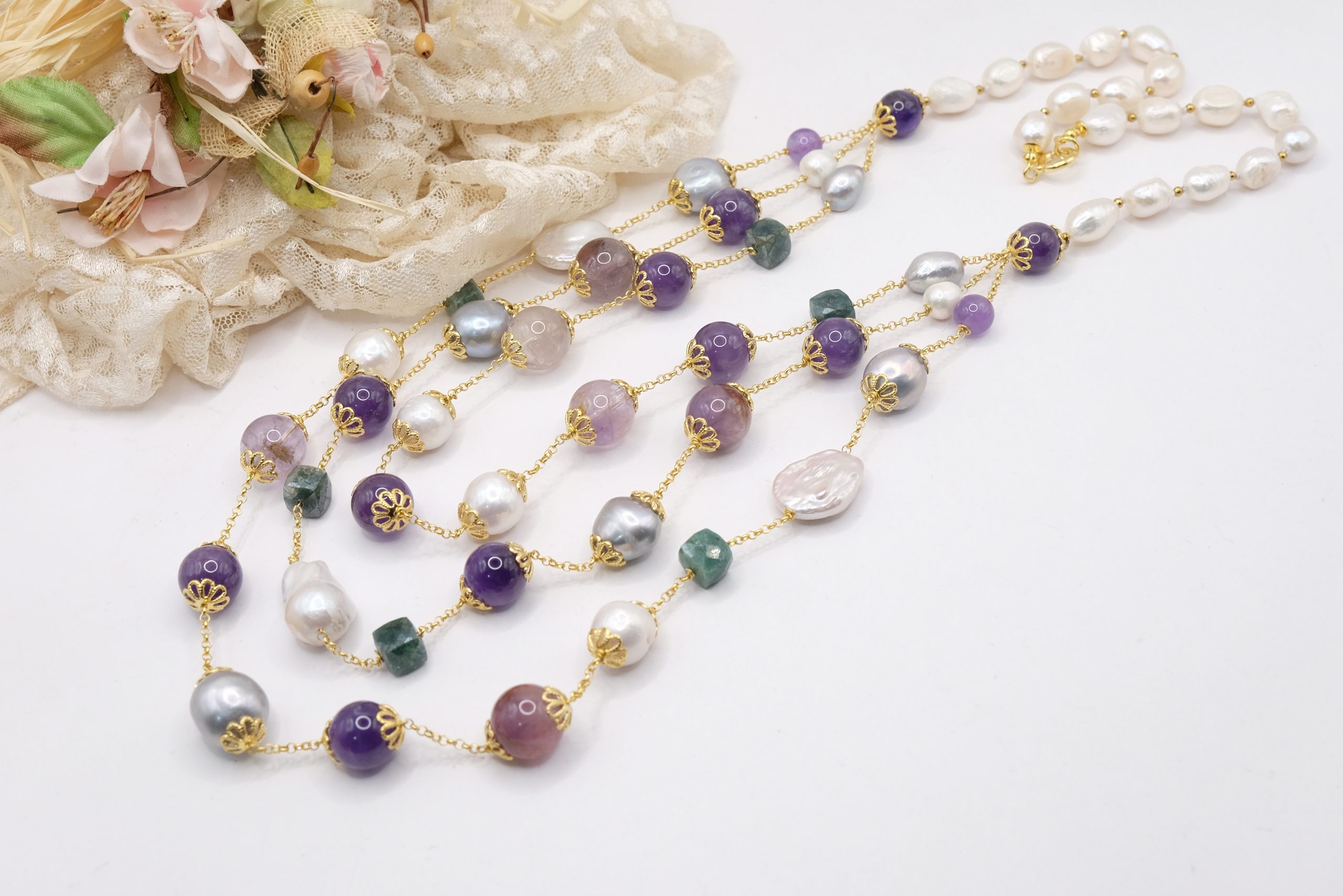 COLLANA MULTIFILO AMETISTA FLUORITE TORMALINE VERDI PERLE GRIGIE E BIANCHE ARGENTO 925 DORATO EMATITE (4)